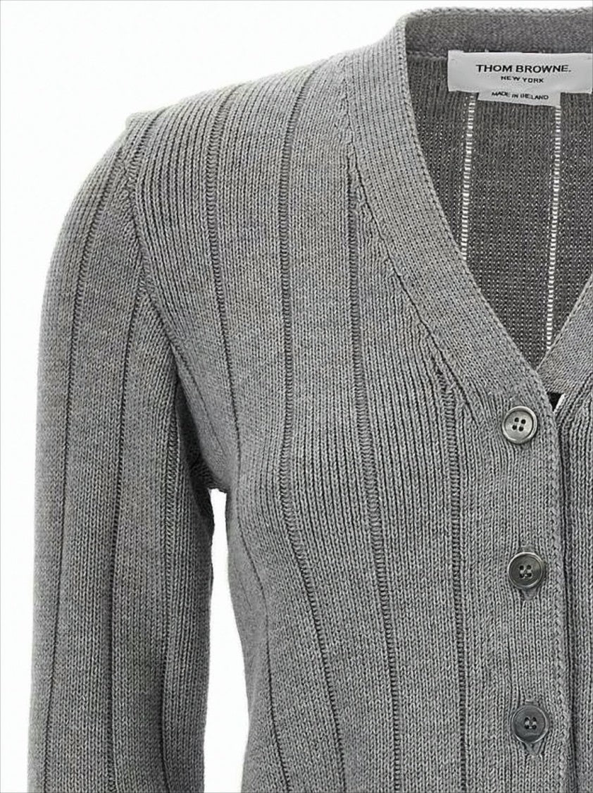 Thom Browne Ribbed Knit Cardigan With Cropped Silhouette And Striped Trim