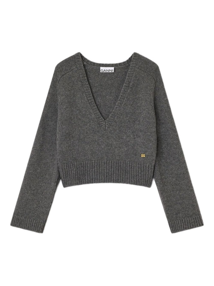 Ganni Deep V-Neck Cropped Knit Sweater In Warm Wool