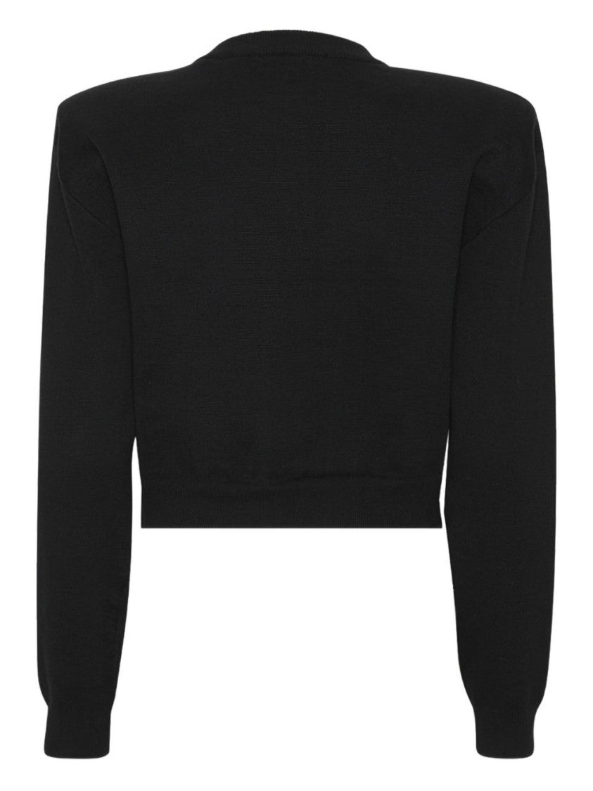 Rotate Cropped Black Sweater With Padded Shoulders And Button Embellishments