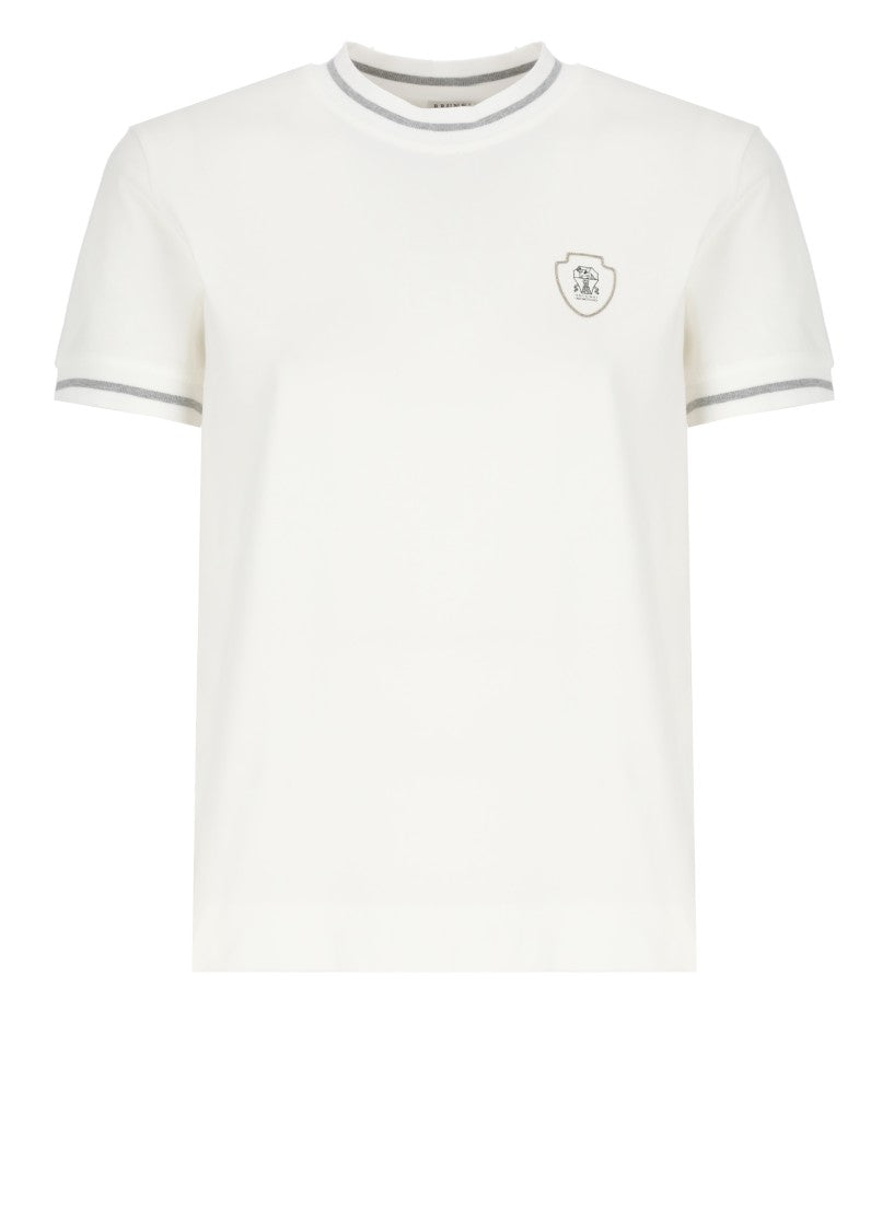 Brunello Cucinelli White Cotton T-Shirt With Contrasting Logo Detail