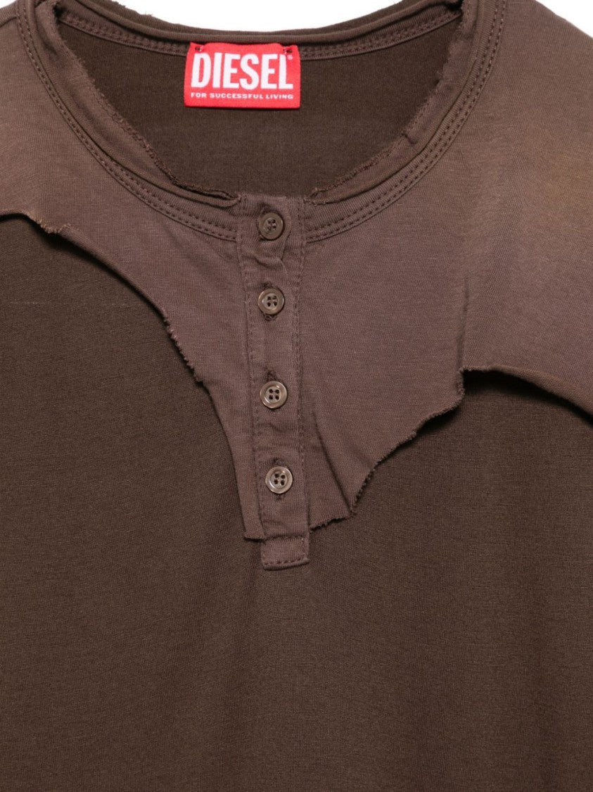 Diesel Layered Brown Viscose T-Shirt With Asymmetrical Neckline
