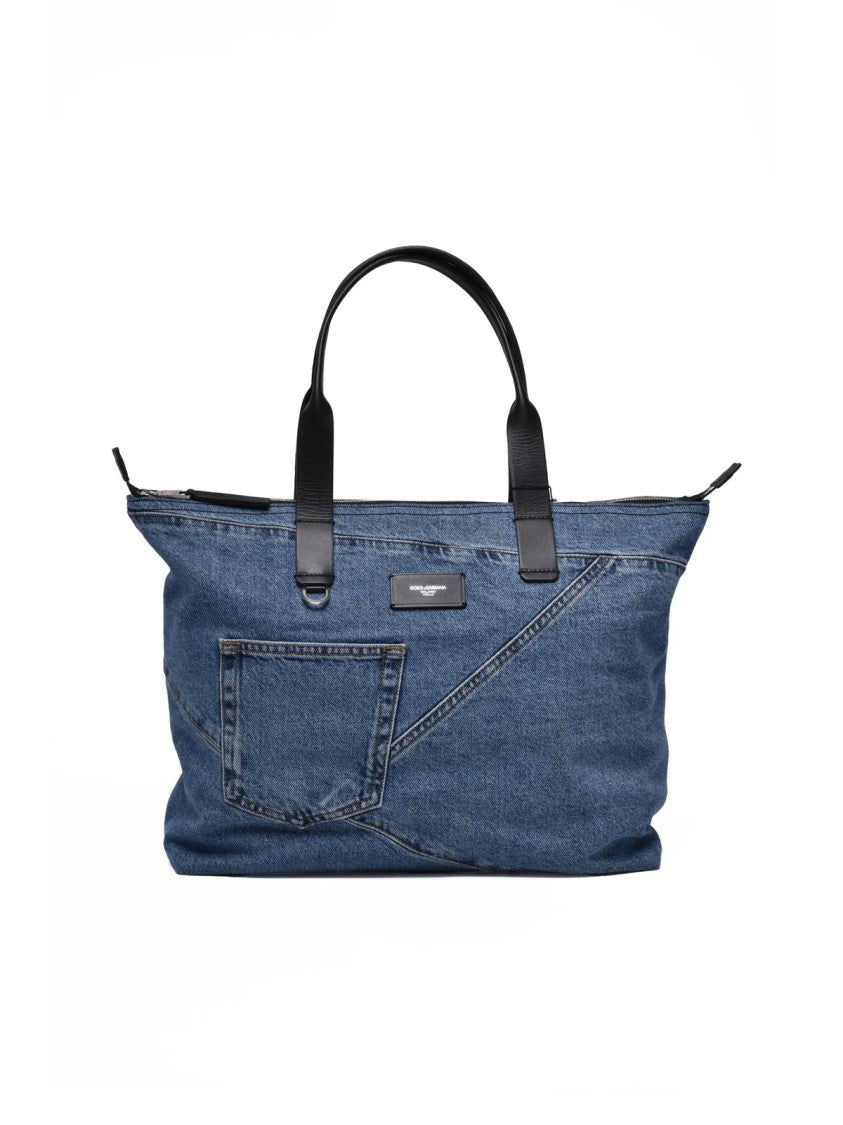 Dolce & Gabbana Denim Shopper Bag With Patchwork Design And Leather Accents