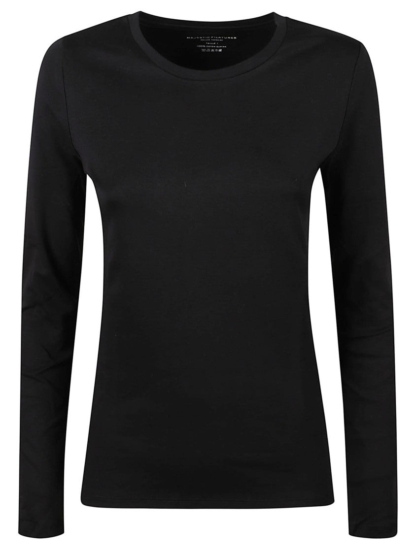 Majestic Filatures Fitted Black Long-Sleeve Top With Round Neckline