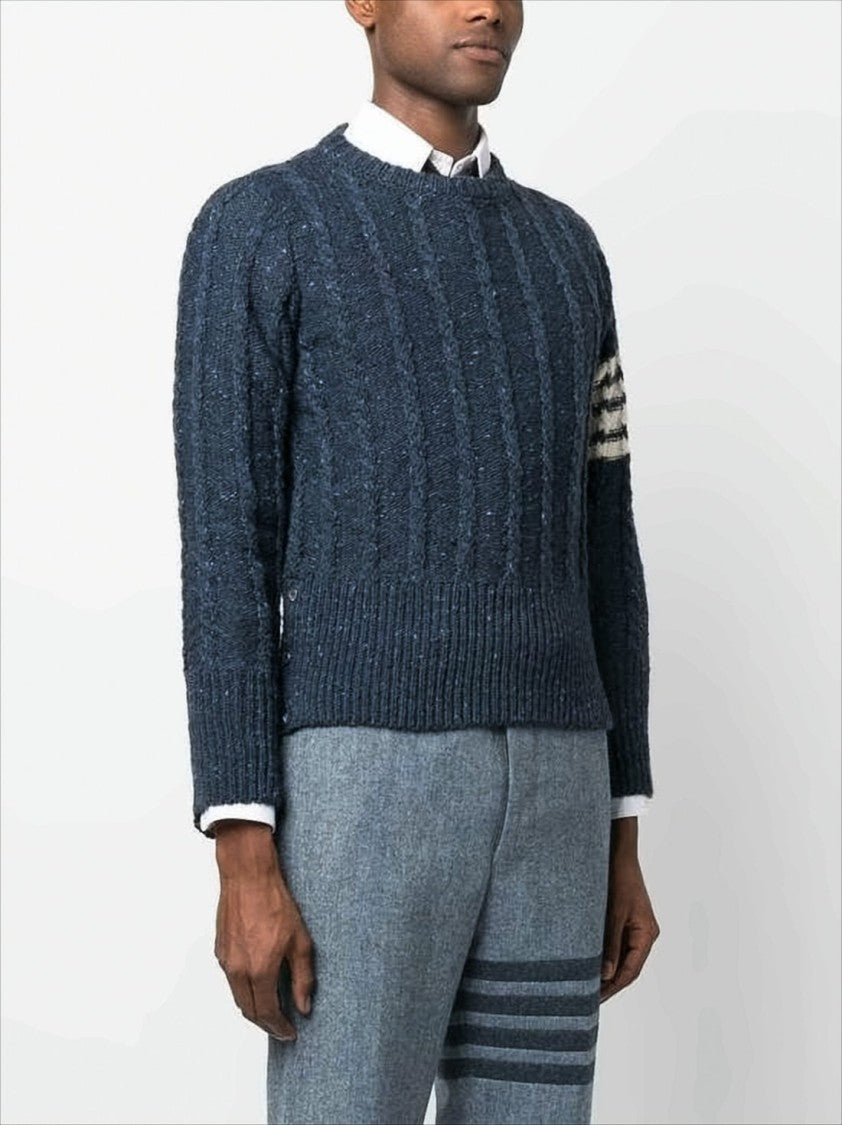 Thom Browne Textured Cable Knit Sweater With Striped Sleeve Accents