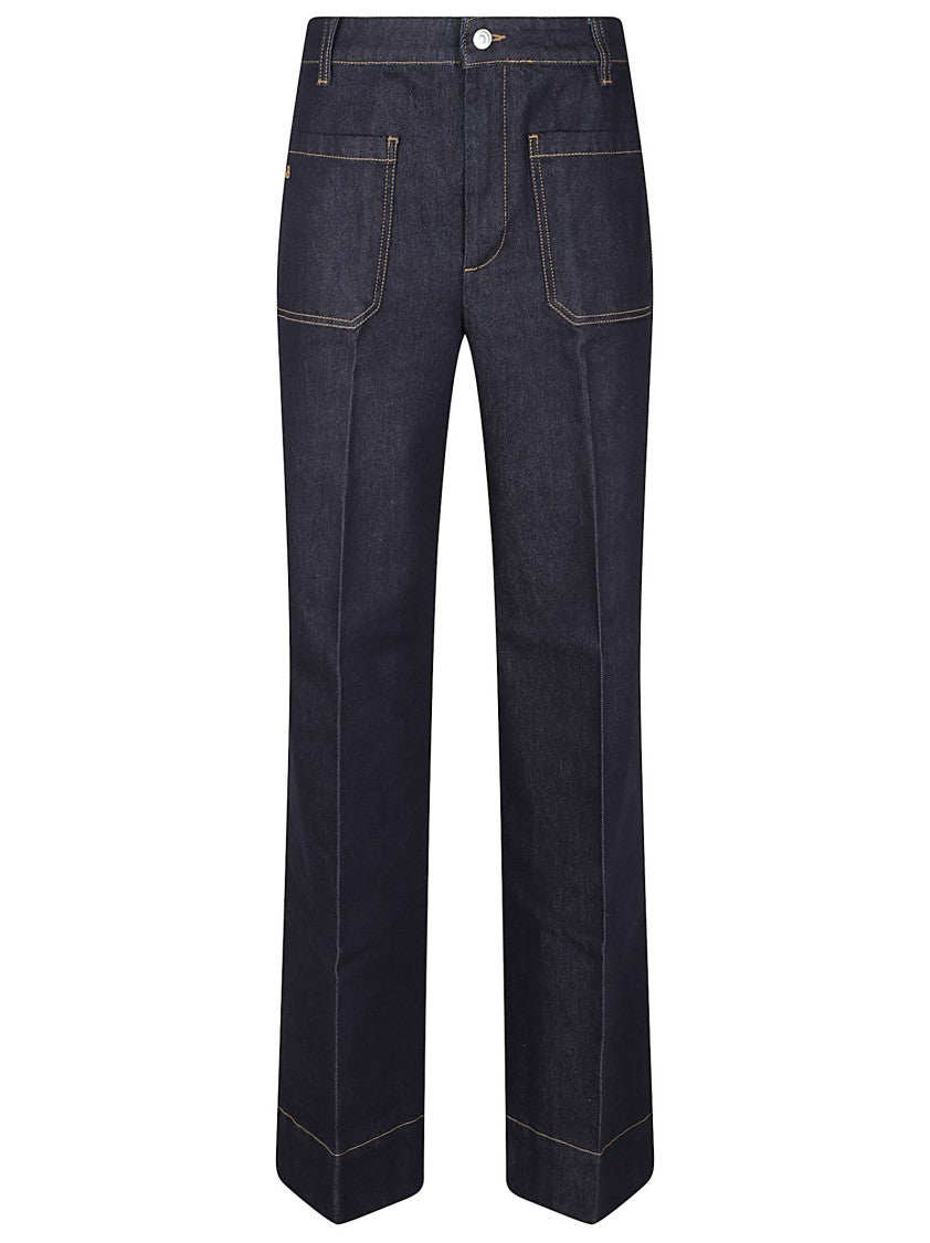 Victoria Beckham Alina High-Waisted Contrast Stitching Straight-Leg Jeans