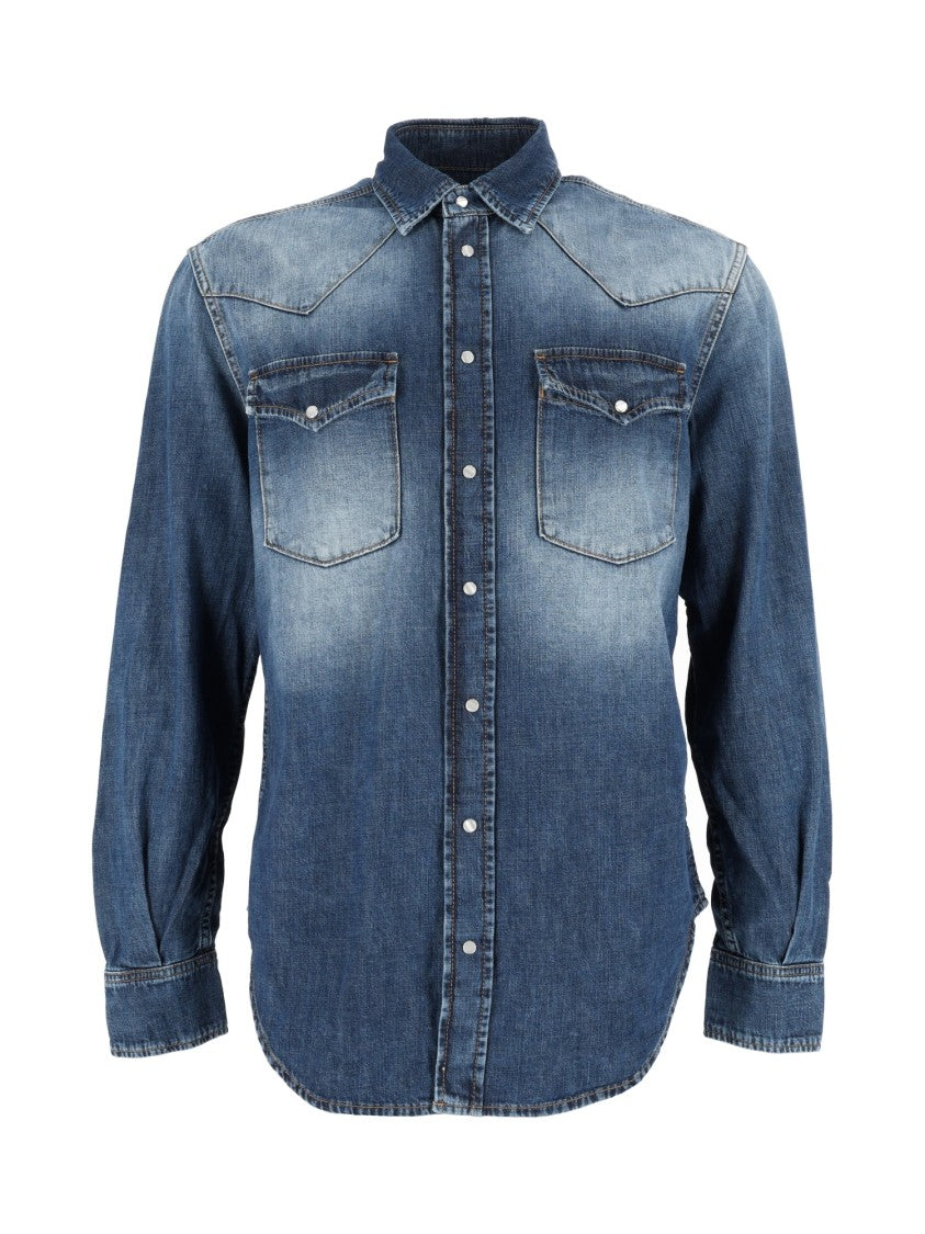 Dondup Denim Shirt With Classic Collar And Faded Wash