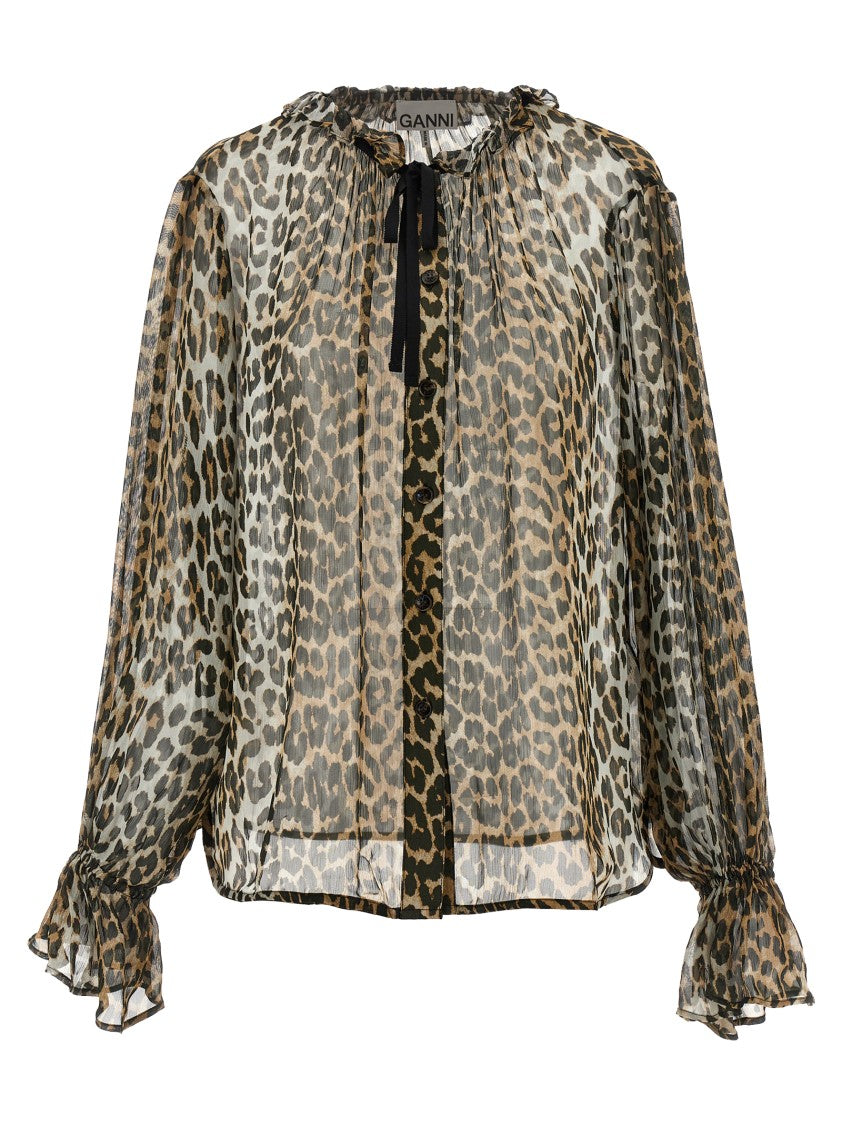 Ganni Leopard Print Chiffon Tie String' Shirt