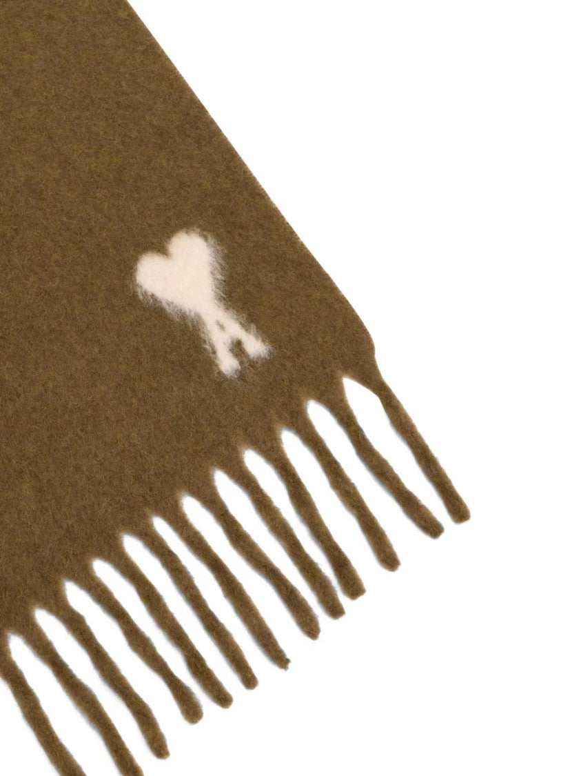 Ami Rectangular Brown Alpaca Blend Scarf With Monogram Motif