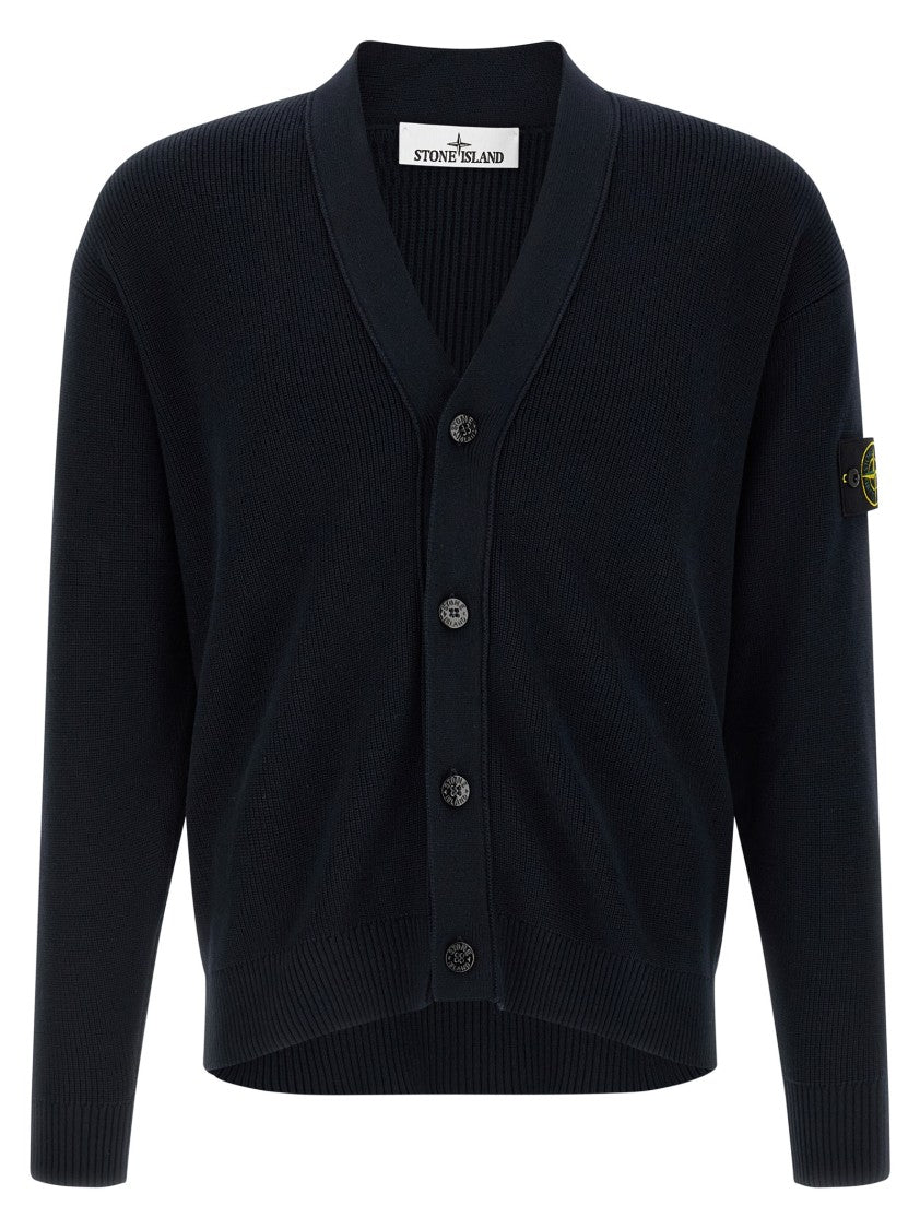 Stone Island Ribbed Cotton Cardigan With V-Neck And Button Closure