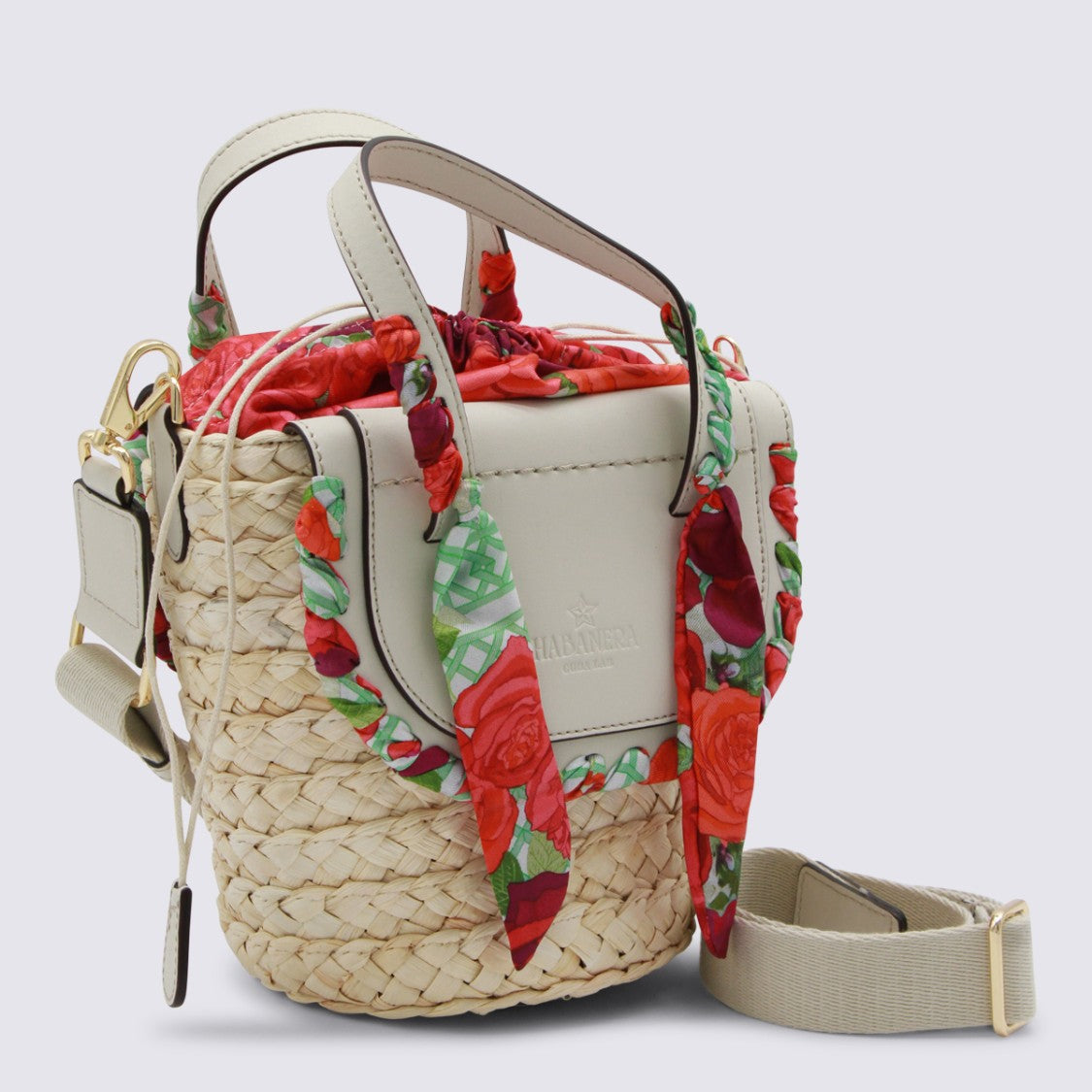 Cuba Lab Woven Straw Bag With Light Beige Leather Accents And Floral Fabric Embellishments