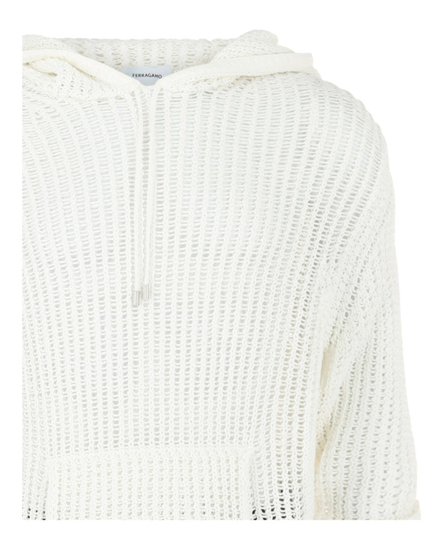 Ferragamo Crochet Drop-Sleeve Hoodie With Ribbon Trim