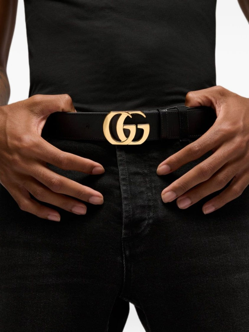 Gucci Black Gold-Tone Double G Leather Belt