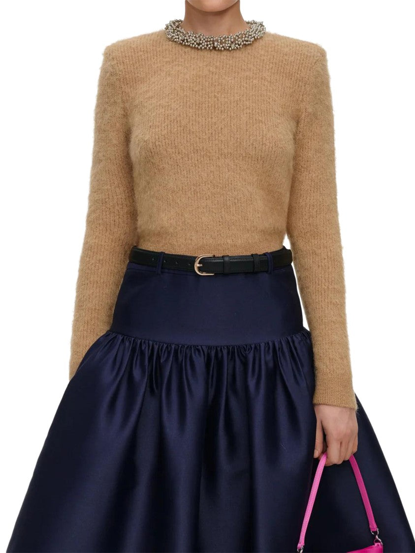 Self-Portrait High-Neck Beaded Trim Knit Sweater
