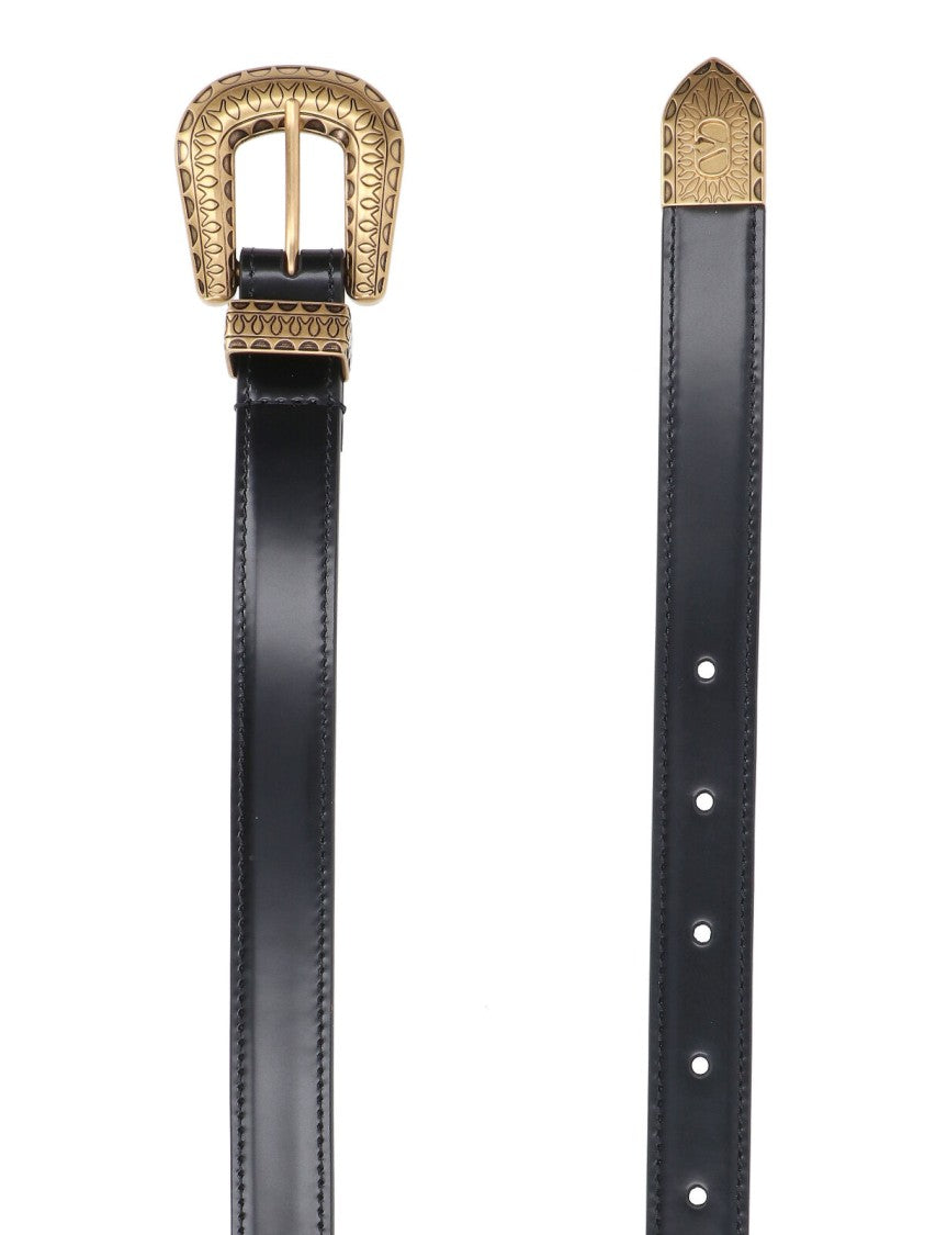 Valentino Garavani Smooth Leather Belt With Engraved Gold Buckle