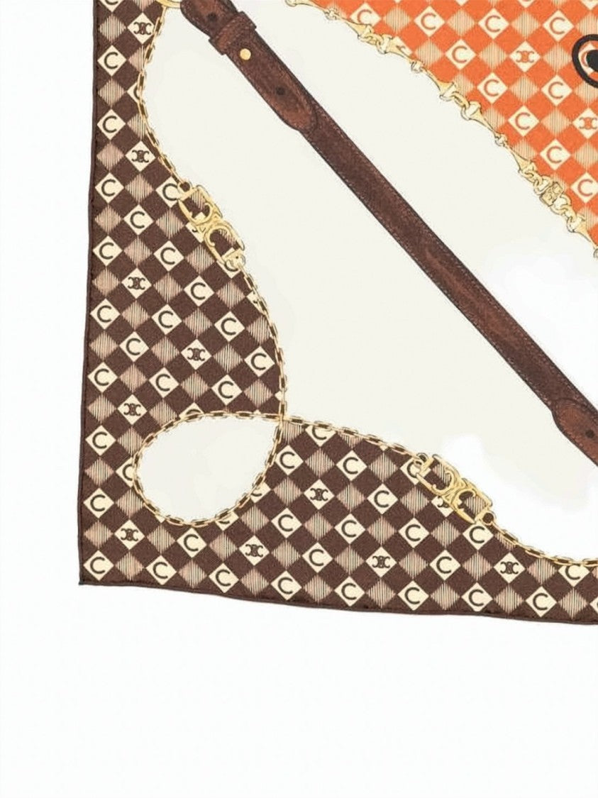 Celine Silk Scarf With Diamond Pattern And Gold Chain Detail