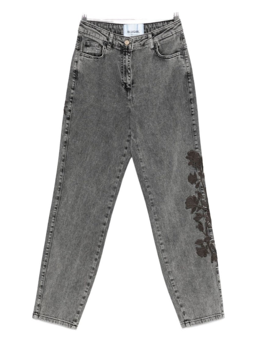 Blugirl Washed Grey Tapered Jeans With Floral Embroidery