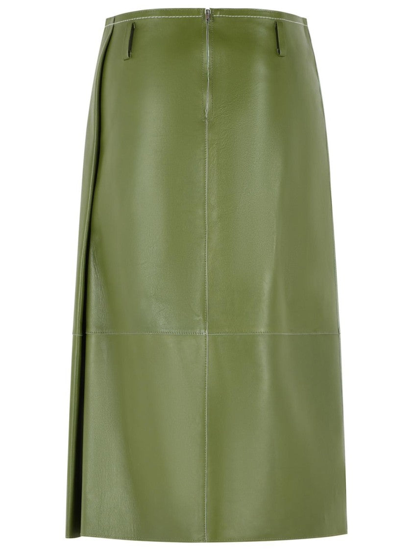 Marni Midi Skirt In Green Nappa Leather With Asymmetric Pocket