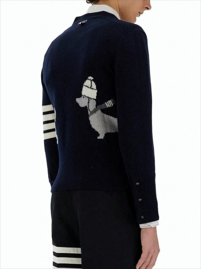 Thom Browne Tailored V-Neck Cardigan With Dog Motifs And Bold Stripes