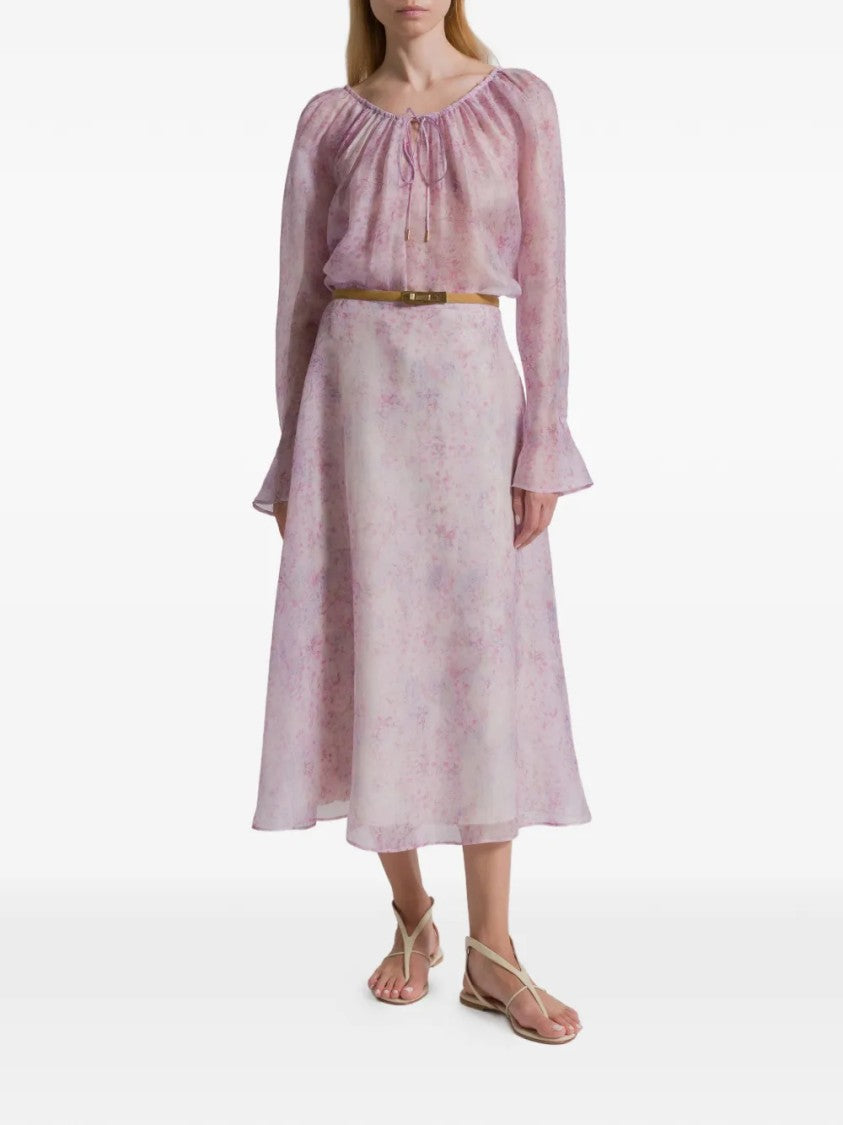 Alberta Ferretti Pastel Floral Print Midi Skirt In Sheer Organza