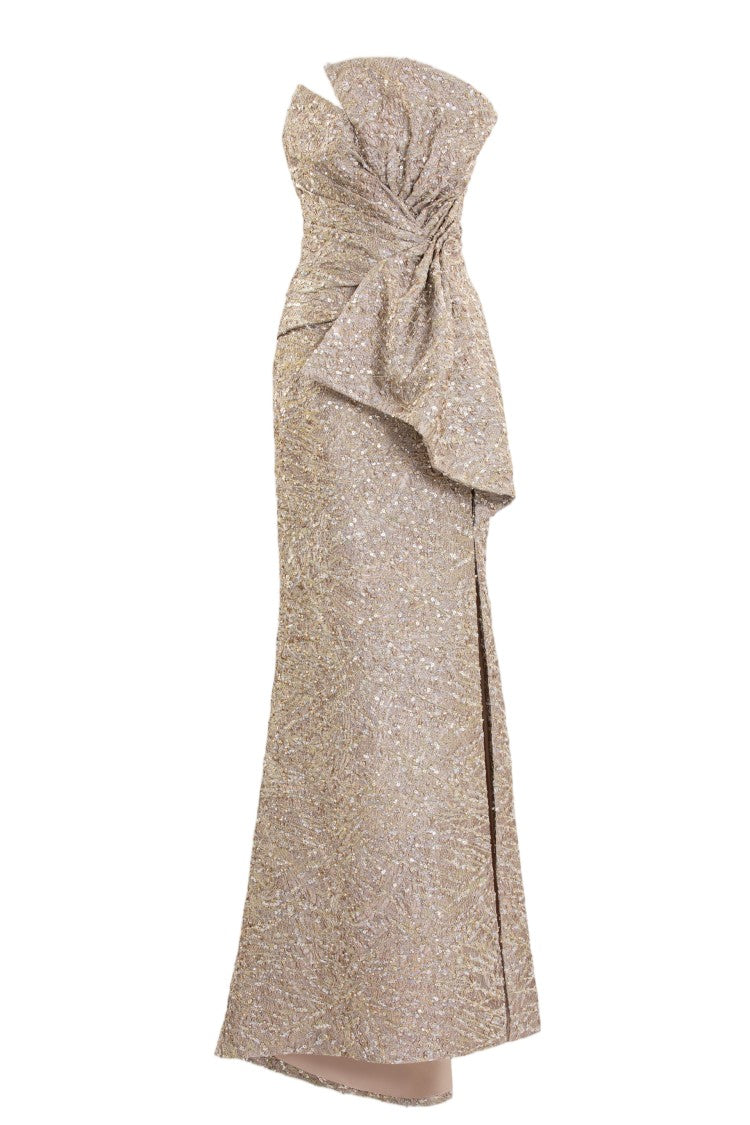Saiid Kobeisy Gold Embellished Brocade Evening Dress With Asymmetrical Bow Detail