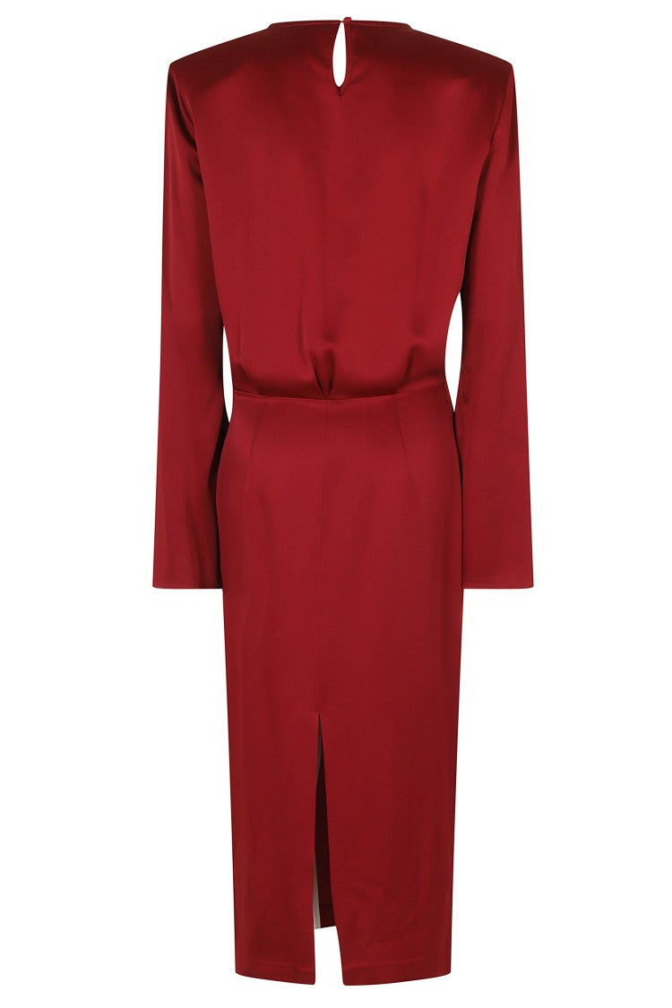 Federica Tosi Midi Red Slit Long Sleeve Satin Midi Dress