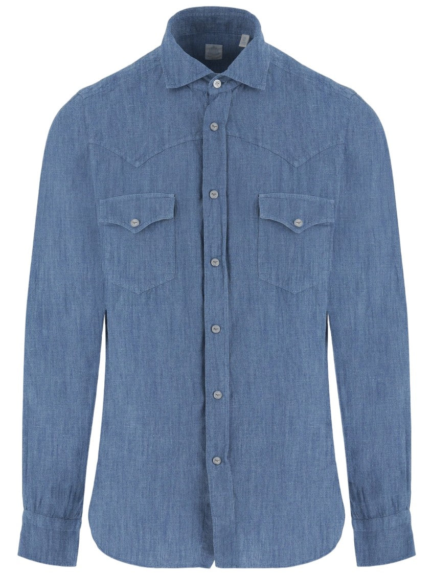Finamore Denim-Textured Cotton And Linen Shirt With Classic Collar
