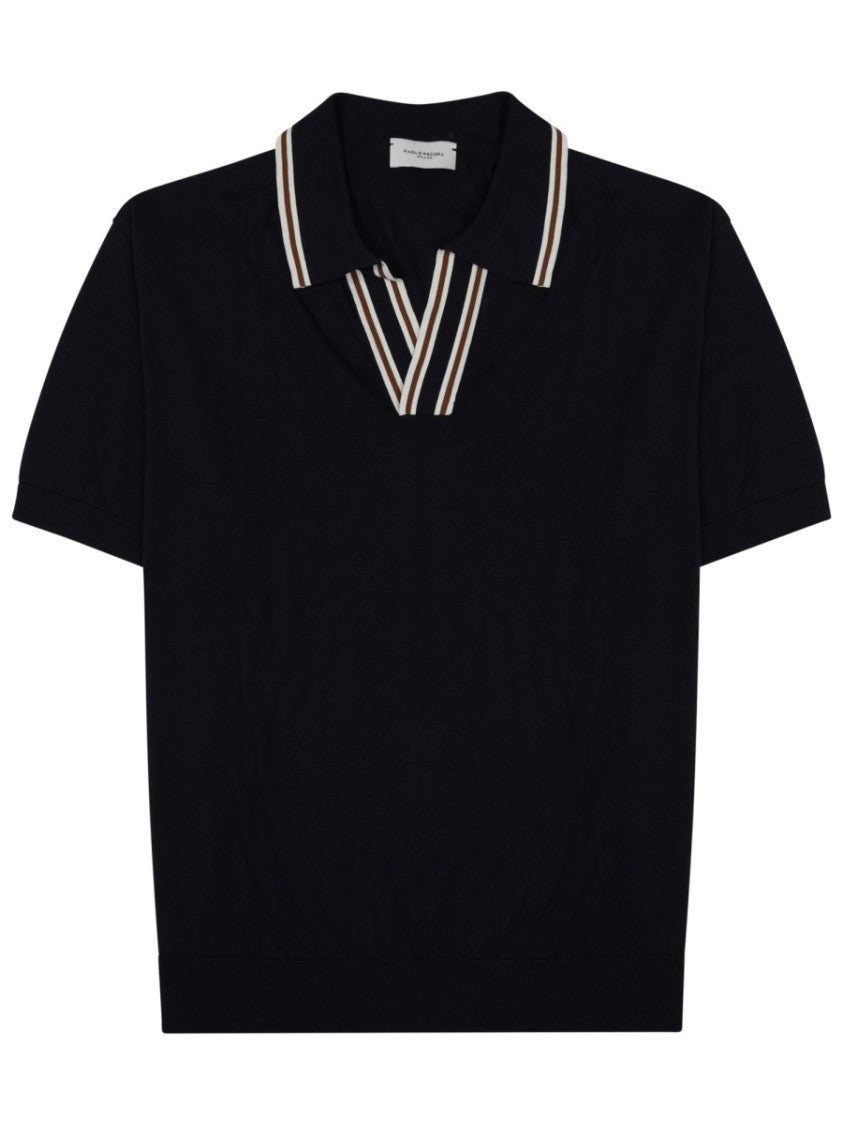 Paolo Pecora Milano Navy Silk-Cotton Polo Shirt With Striped Accents