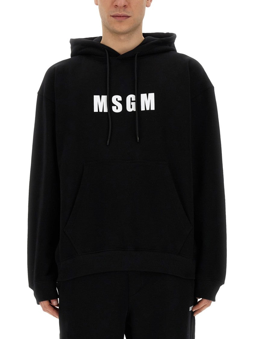 Msgm Black Logo Sweatshirt With Kangaroo Pocket