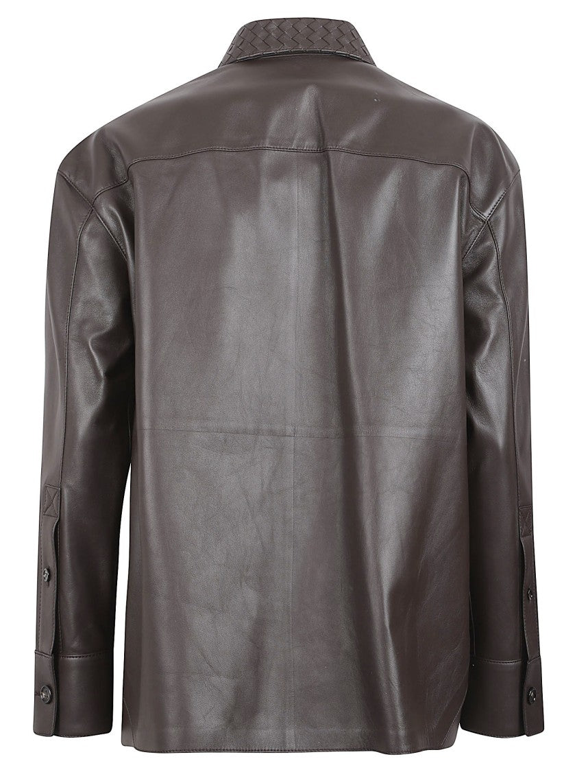 Bottega Veneta Boxy Brown Woven Leather Collar Jacket