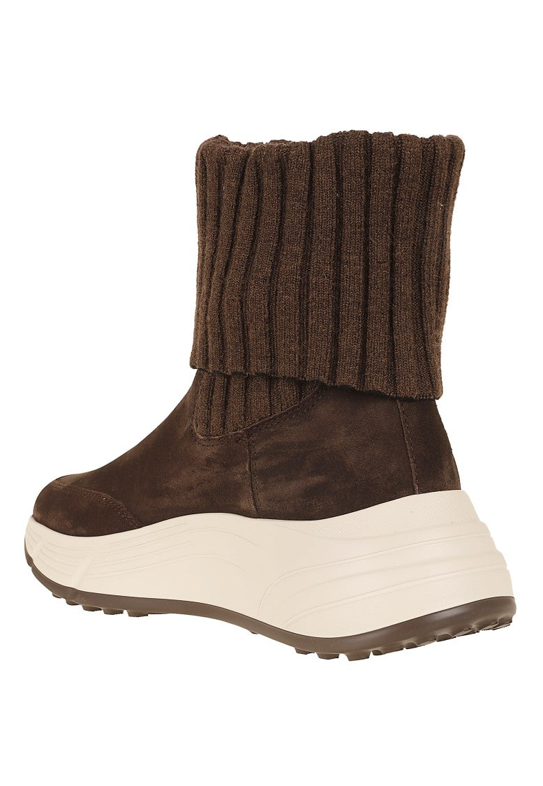 Hogan Brown Suede Ribbed Wool Cuff Ankle Boots