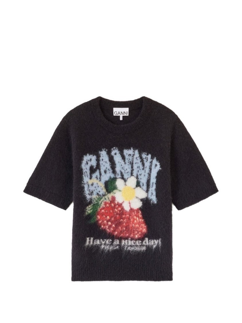 Ganni Black Strawberry Graphic Cropped Slogan T-Shirt