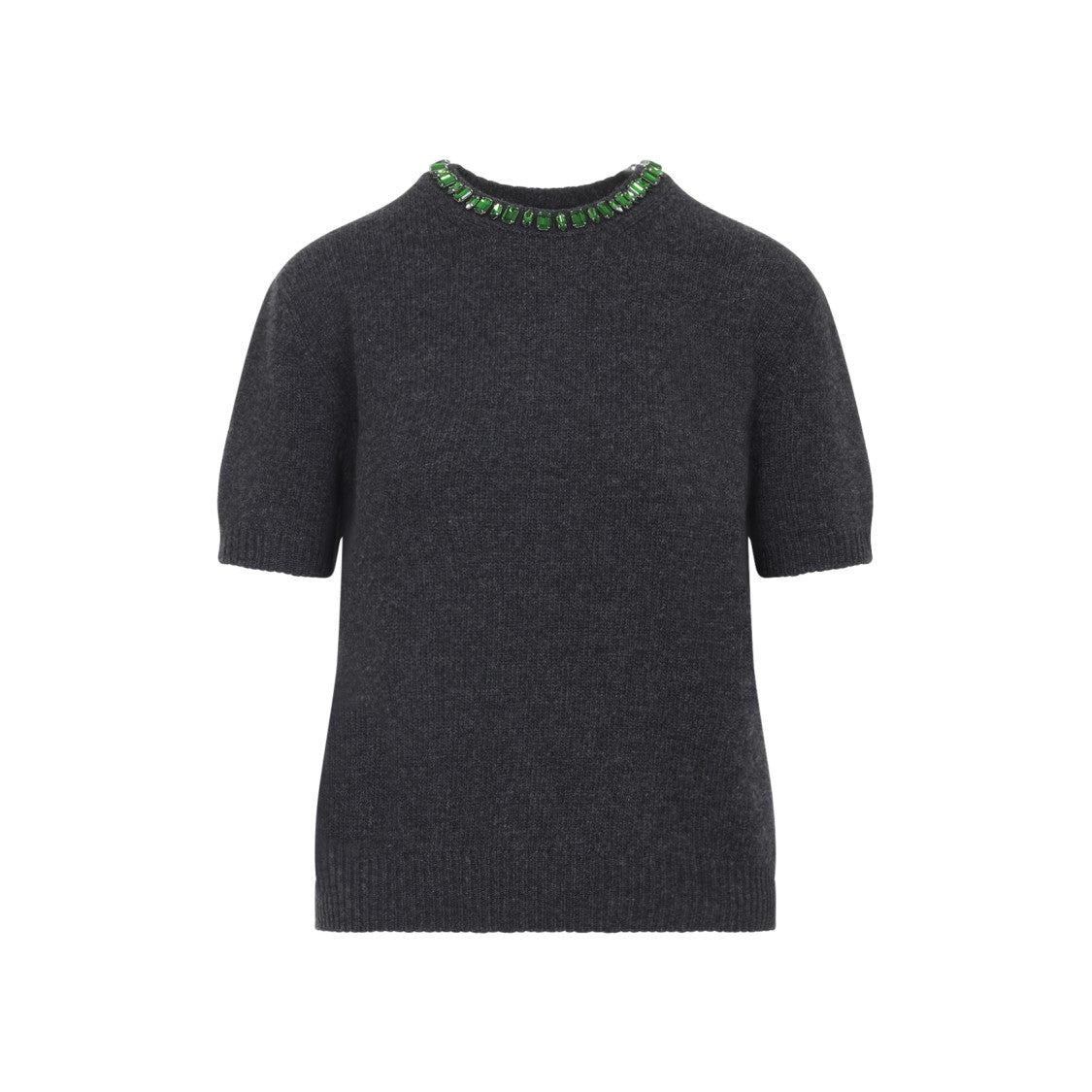 Prada Short-Sleeved Cashmere-Wool Blend Sweater With Jewel Embellishments