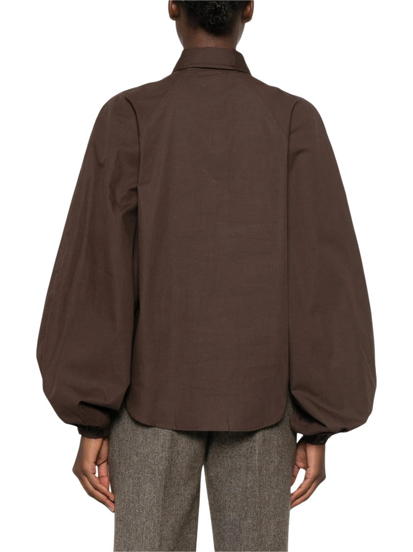 Closed Deep Brown Blouse With Classic Collar And Puffed Sleeves