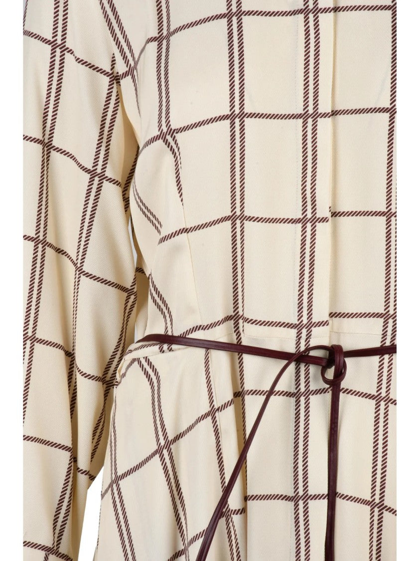 Crida Cream Checkered Belted Viscose Midi Shirt Dress