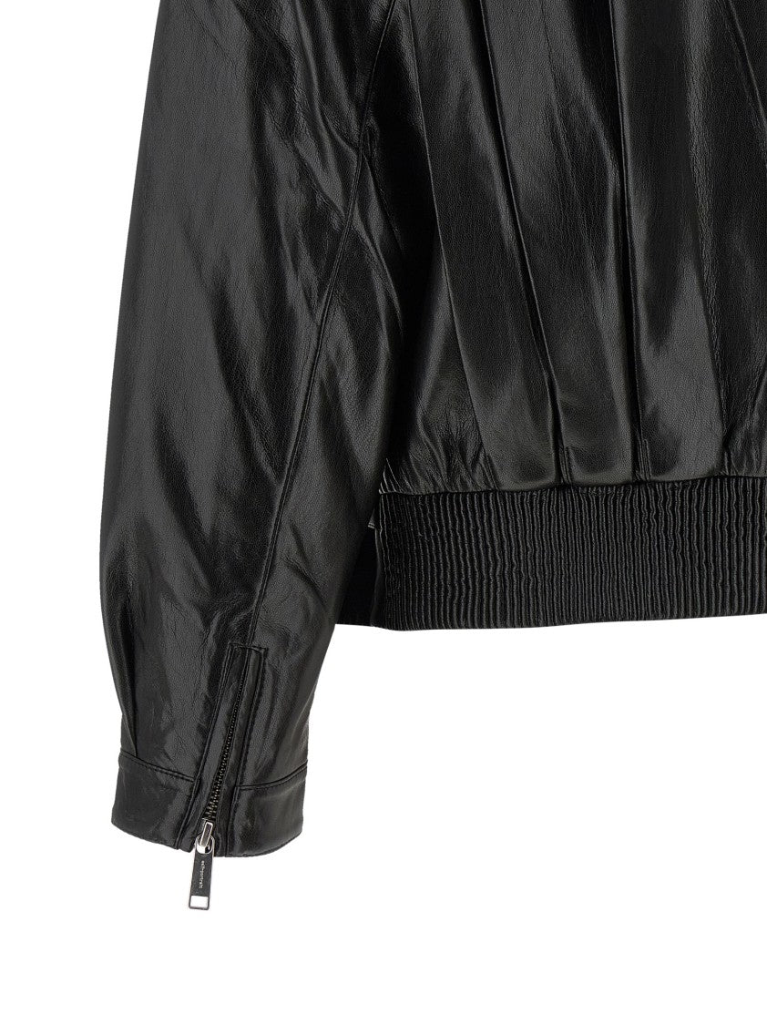 Self-Portrait Shiny Black Biker Jacket With Pleated Detailing And Asymmetric Zip Closure