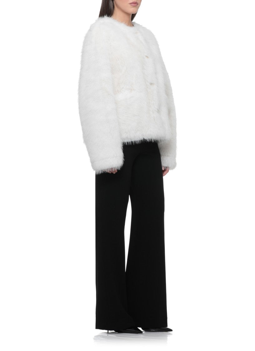 Stand Studio Cropped White Faux Fur Jacket With Plush Texture