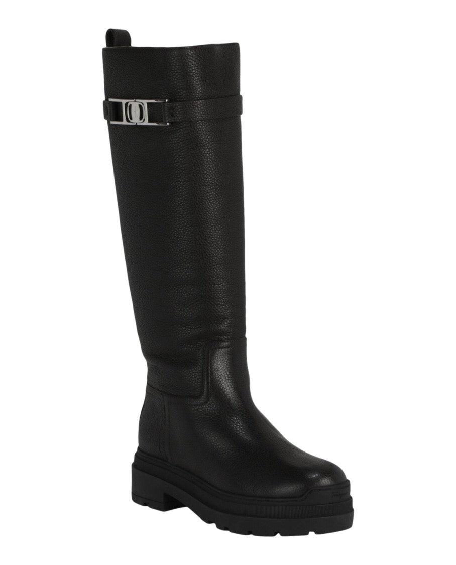 Ferragamo Pebbled Calfskin Knee-High Boots With Silver-Tone Detail