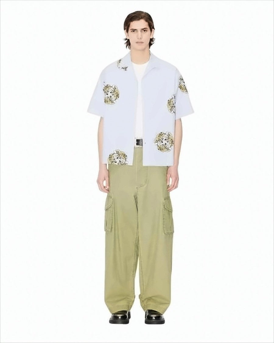 Kenzo Short-Sleeved Light Blue Shirt With Tiger Motifs