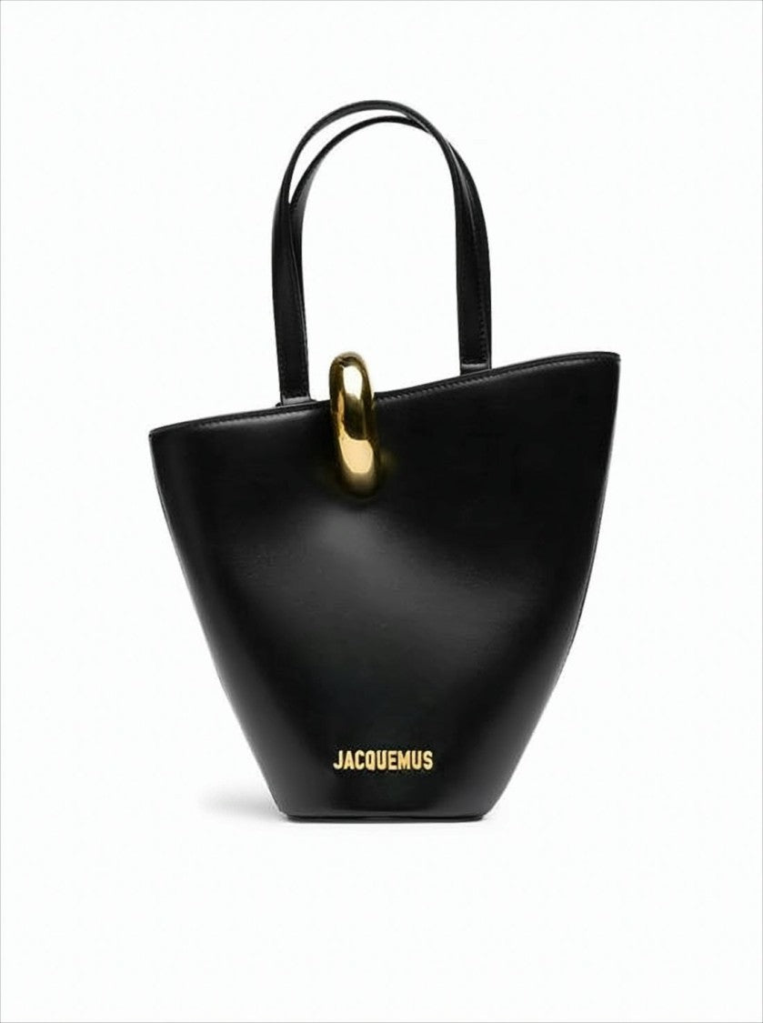 Jacquemus Structured Black Leather Tote With Gold-Tone Clasp
