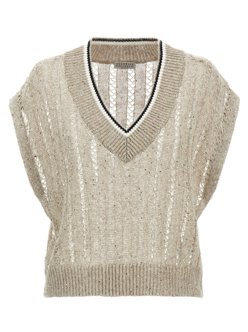 Brunello Cucinelli Ribbed Net Knit T-Shirt With V-Neck