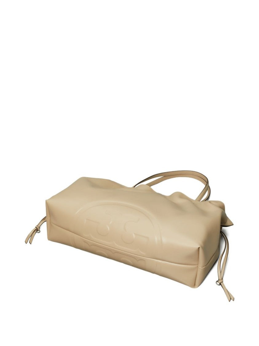 Tory Burch Gathered Beige Shoulder Bag With Drawstring Accents And Dual Straps