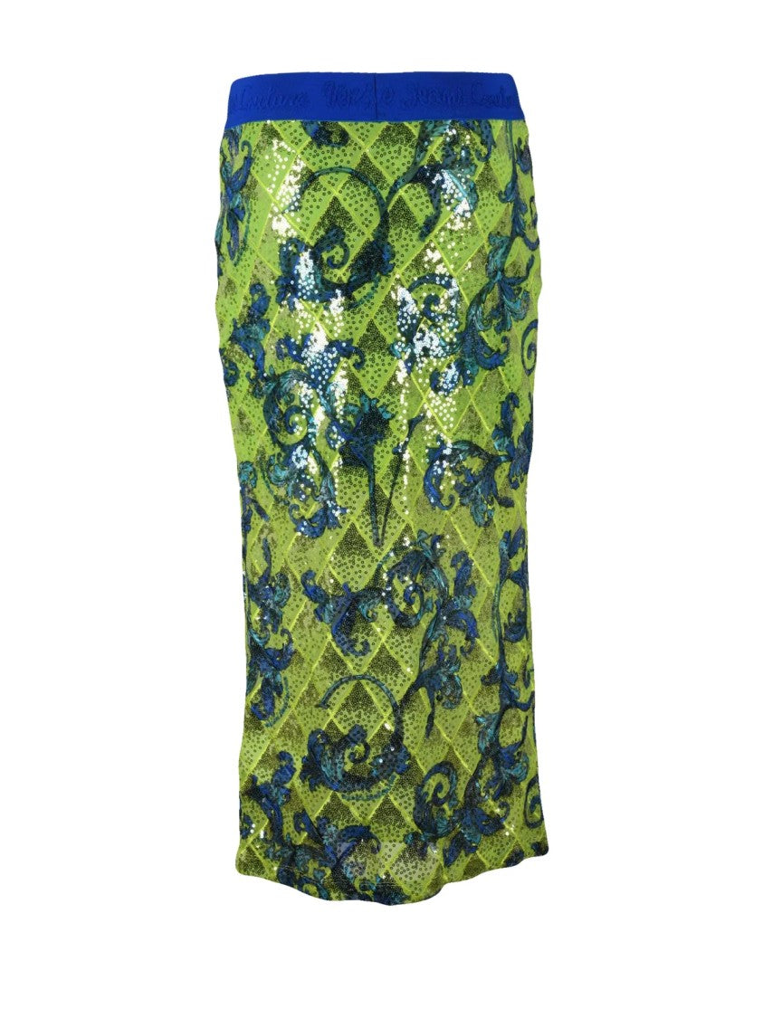 Versace Jeans Couture Green Sequin Embellished Stretch Midi Skirt