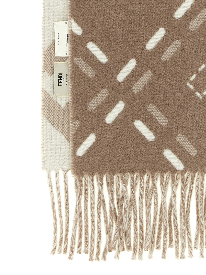 Fendi Macro Check Wool Scarf With Jacquard Ff Logo