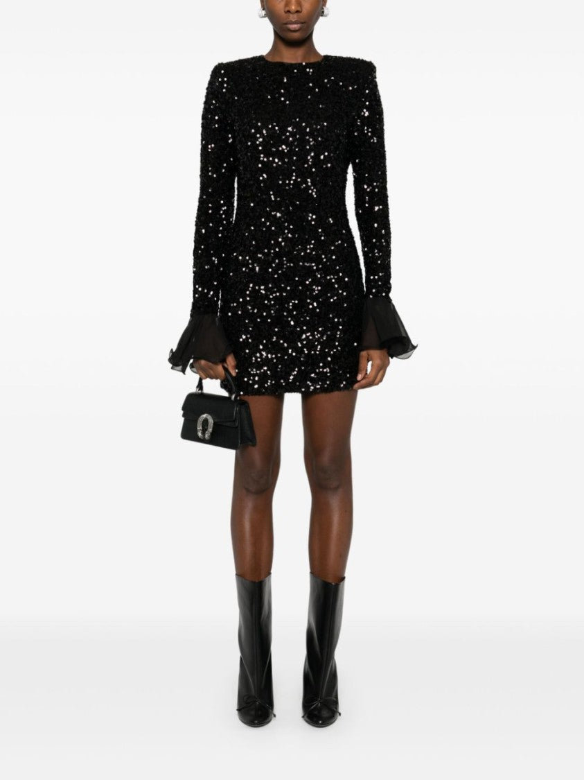 Rotate Open Back Black Sequin Dress With Ruffle Cuffs