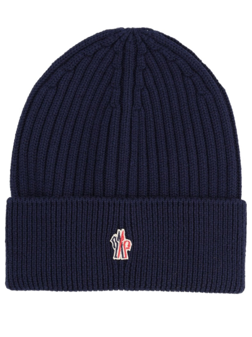Moncler Grenoble Blue Ribbed Knit Folded Cuff Beanie