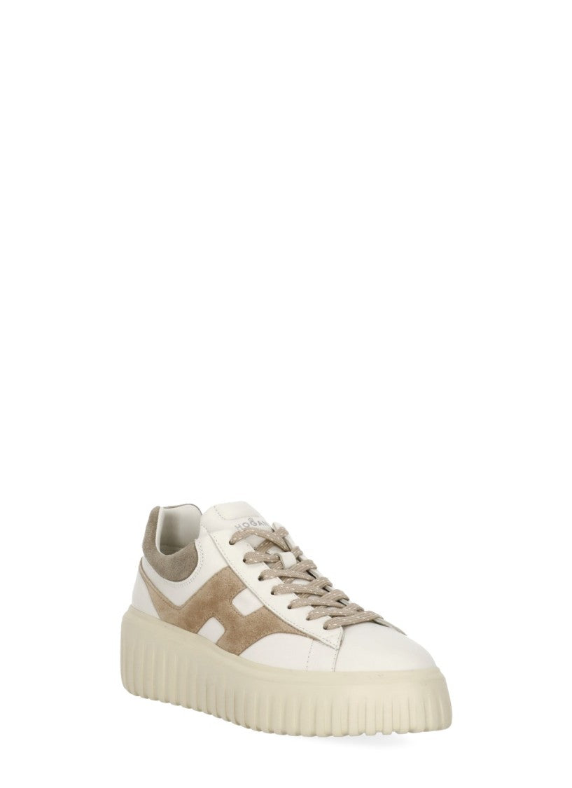 Hogan Ivory Smooth Leather Sneakers With Beige Suede Accents