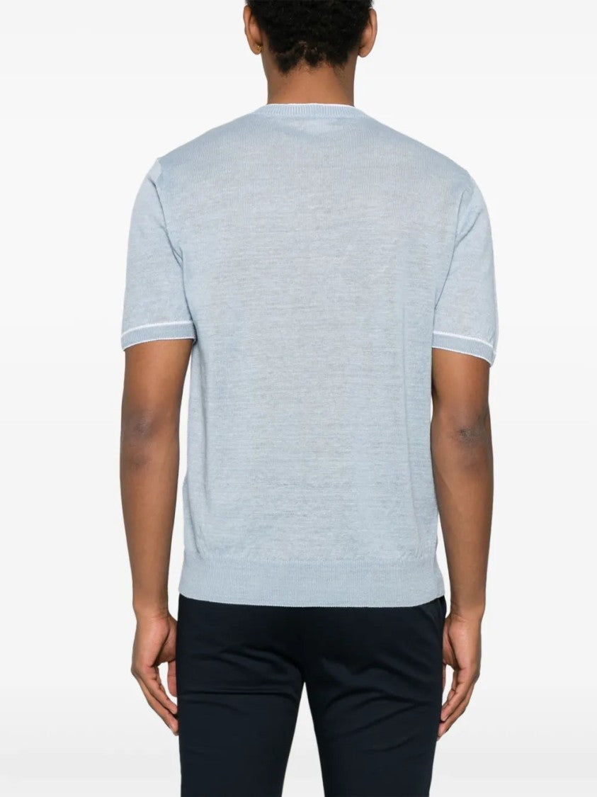 Eleventy Baby Blue T-Shirt With Striped Trim