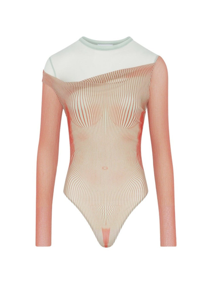 Jean Paul Gaultier Double Layer Pinstripe Body Morphing Bodysuit Mint And Coral