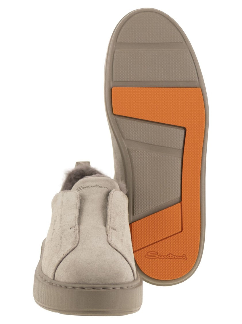 Santoni Slip-On Suede Sneakers With Fur
