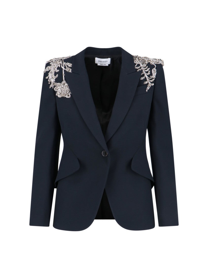 Alexander Mcqueen Embellished Single-Breasted Blazer – Navy
